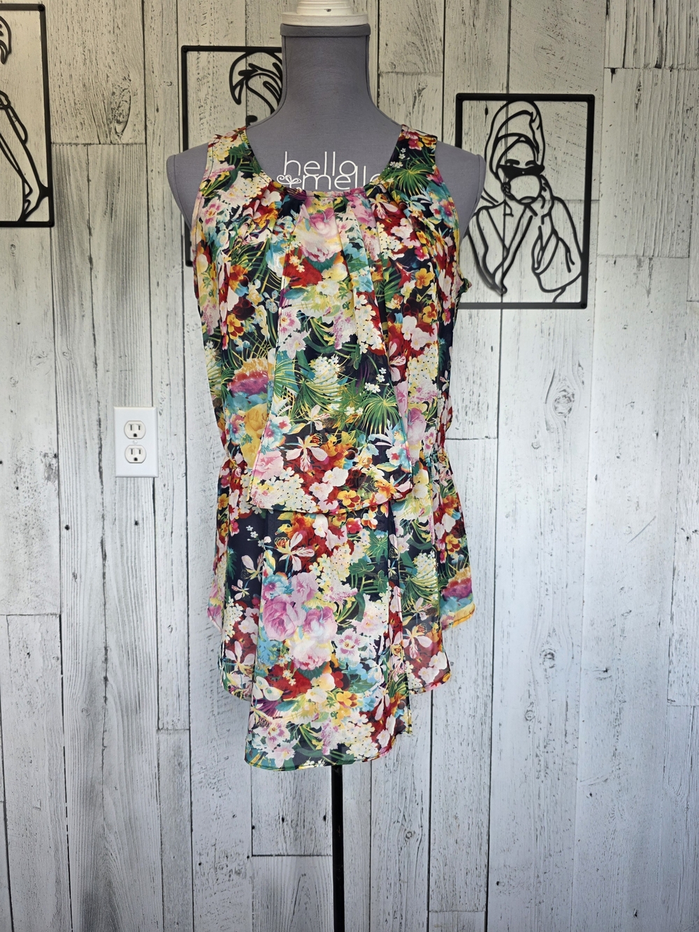 Dex Tropical Floral Sleeveless Blouse Elastic Waist Size Large Colorful Vacation
